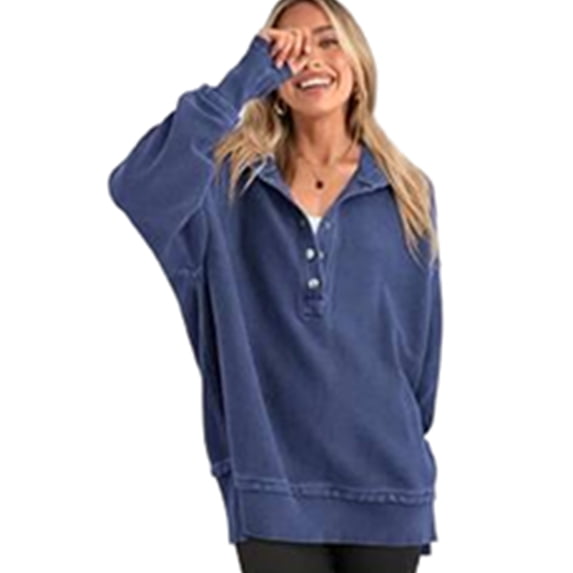 Wevis Women's Vertical Ribbed Henley Hooded Sweatshirt, Long Sleeve Oversized Loose Casual Pullover Top