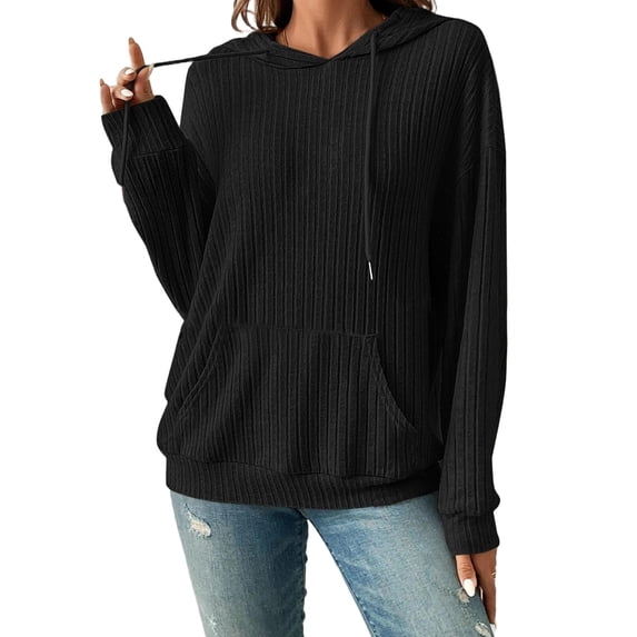 Wevis Women's Vertical Ribbed Hooded Sweatshirt, Long Sleeve Loose Pullover With Front Kangaroo Pocket