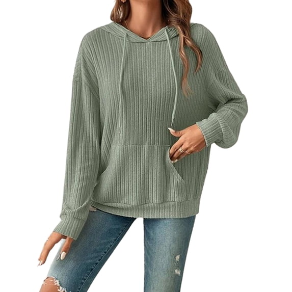 Wevis Women's Vertical Ribbed Hooded Sweatshirt, Long Sleeve Loose Pullover With Front Kangaroo Pocket