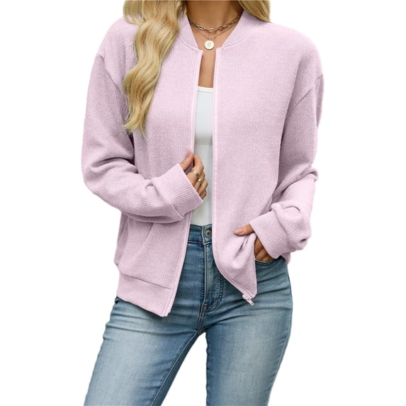 Wevis Women's Zip Up Fall Jacket, Long Sleeve Ribbed Knit Autumn Cardigan, Casual Loose Lightweight Sweater Coat