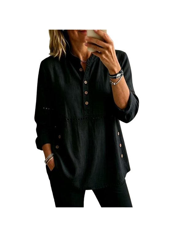 Womens Henley Long Sleeve Top Button Front Casual Loose Fit Tunic Shirt with Cutout Detail No Pockets - BLACK_L