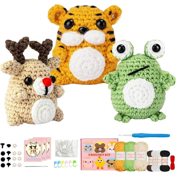 Wewean Wobbles Crochet Animal Kit 3 Pack Elk/Tiger/Frog Crochet Starter Kit with Step-by-Step Video Crochet for Kids Adults Beginner I983