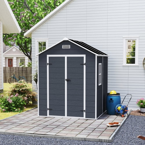 Wework 6x6FT Outdoor Storage Shed, 12mm Thick PP Board, Resin Shed with Reinforced Floor & Secure Door Lock, All-Weather Outdoor Shed for Gardening Tools, Bicycles, Patio Furniture, Lawn Mower (Dark