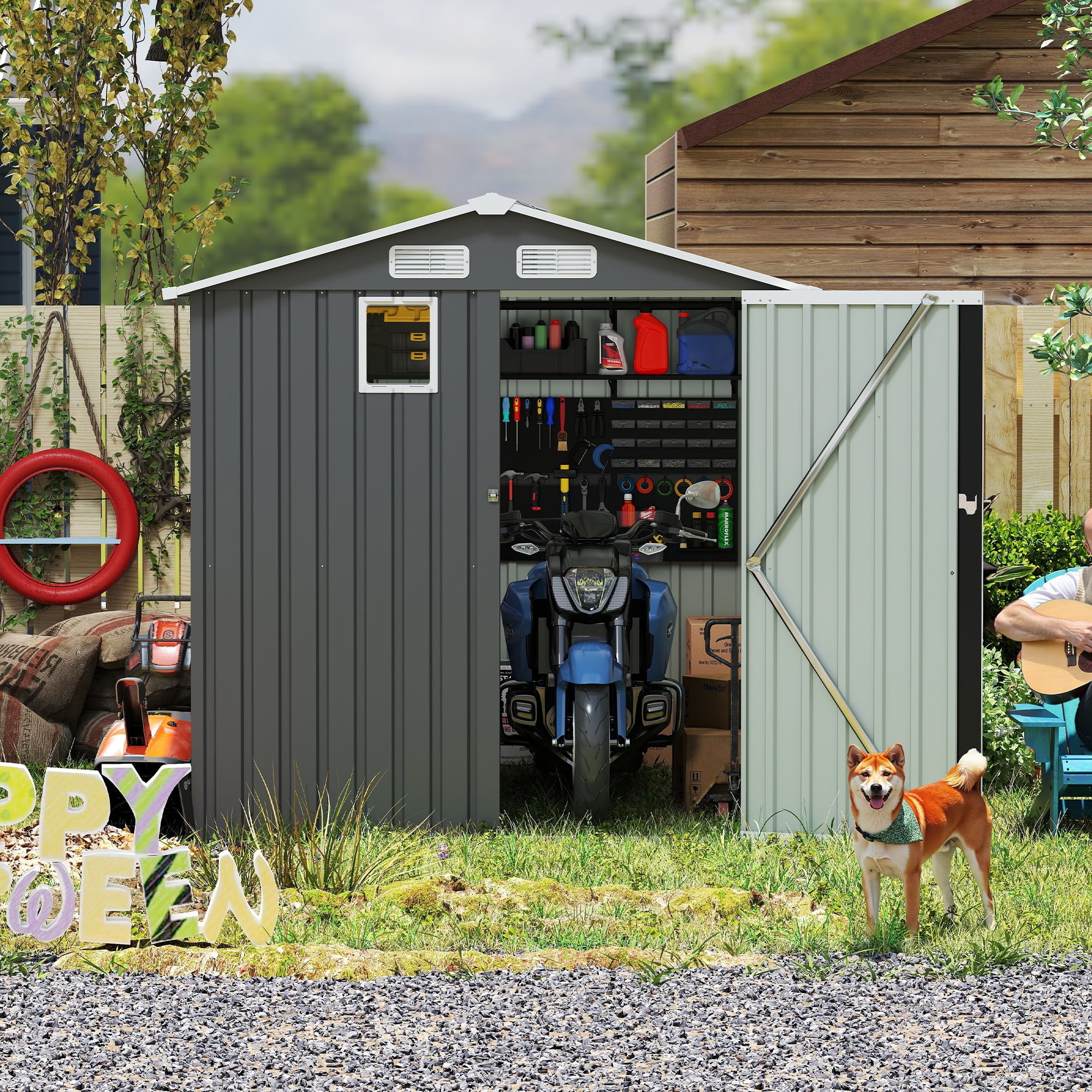 Wework 6x8FT Dark Gray Steel Storage Shed - Lockable Outdoor Metal Garden Shed for Tools, Bikes, Patio & Lawn Utility
