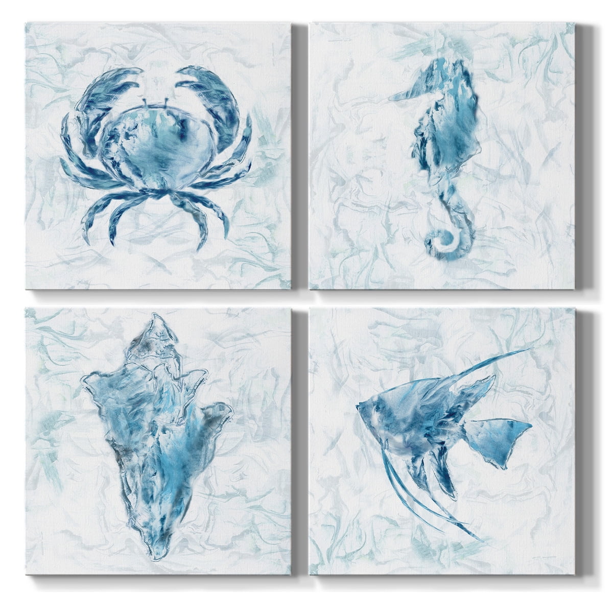 Wexford Home Bathroom Wall Décor Blue Marble Watercolor Seahorse Crab Seashell Painting Prints, 16 x 16 inches Set of 4 Modern Canvas Wall Art Decoration