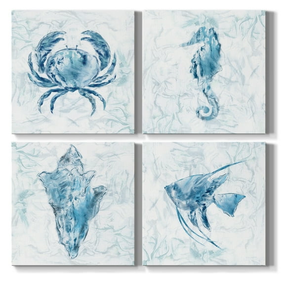 Wexford Home Bathroom Wall Décor Blue Marble Watercolor Seahorse Crab Seashell Painting Prints, 32 x 32 inches Set of 4 Modern Canvas Wall Art Decoration