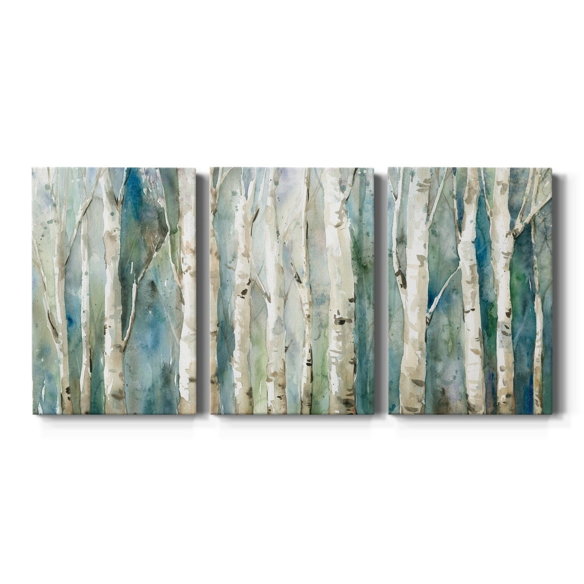 Birch River Walk Triptych Canvas Art in Blue and Green