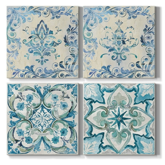 Wexford Home Blue Abstract Wall Art 16 x 16 inches Set of 4 Flower Pattern Canvas Prints Wall Decoration for Living Room Bathroom Bedroom