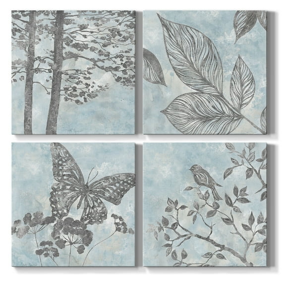 Wexford Home Blue Watercolor Natural Life Wall Art, 12 x 12 inches Set of 4 Blue bird Butterfly Forest Pictures Prints Wall Décor for Living Room Bedroom Bathroom