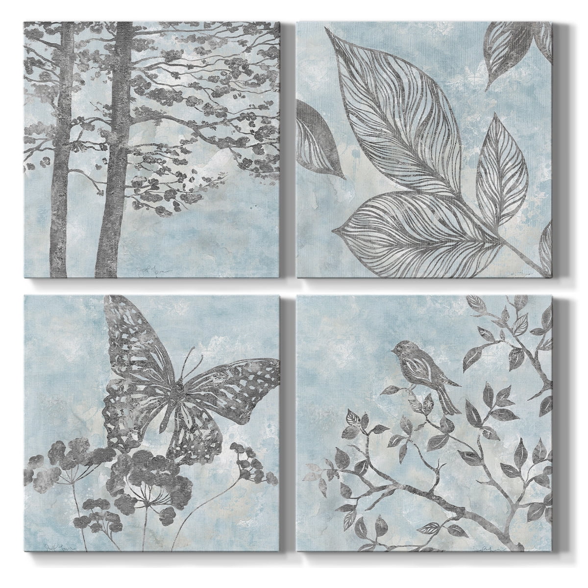 Wexford Home Blue Watercolor Natural Life Wall Art, 32 x 32 inches Set of 4 Blue bird Butterfly Forest Pictures Prints Wall Décor for Living Room Bedroom Bathroom