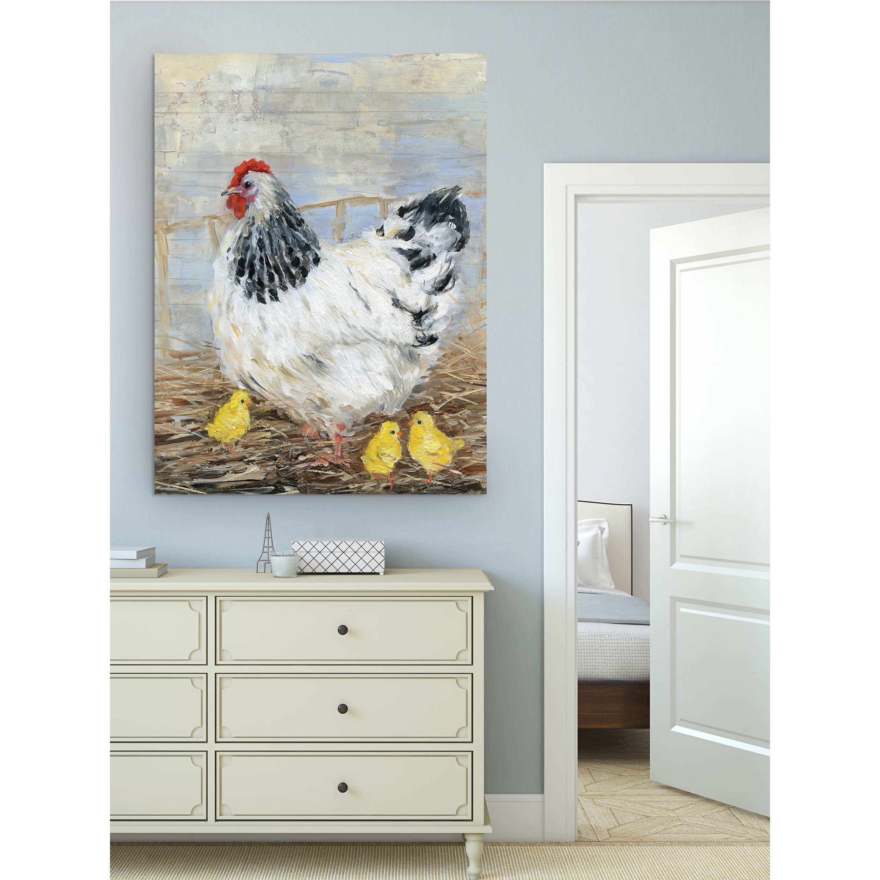 Large White and Yellow Farmhouse Chicken Canvas Wall Art