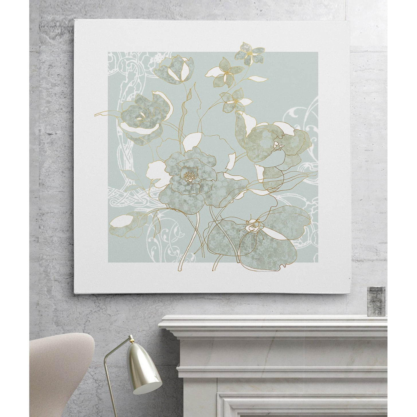 Large Light Blue and White Floral Canvas Wall Art