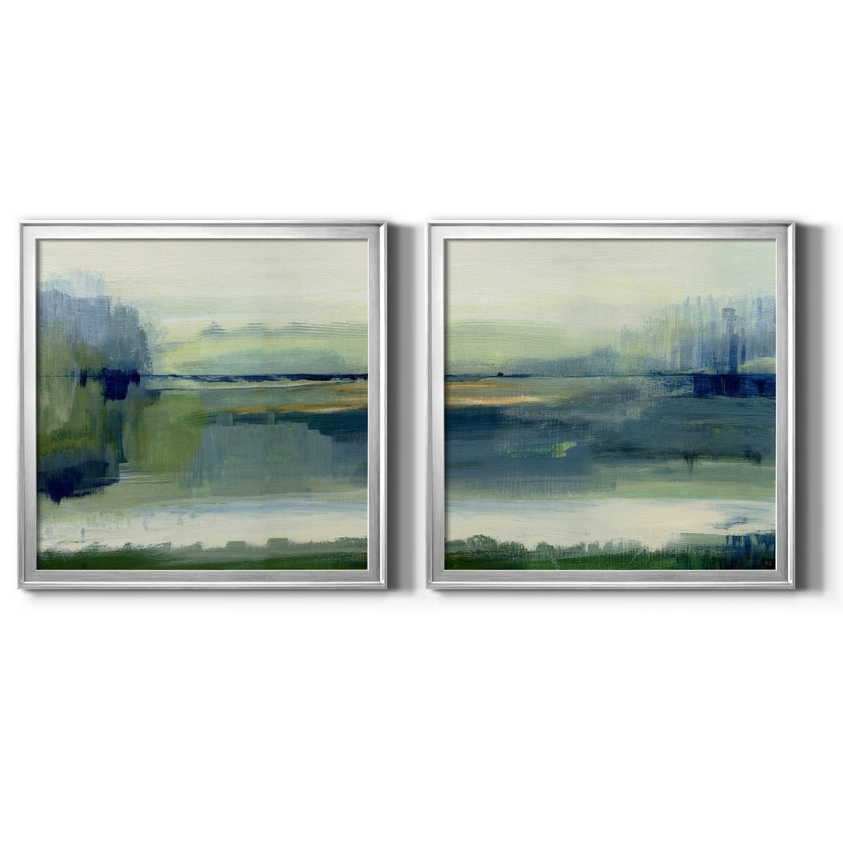 Silver Framed Abstract Canvas Art in Blue and Green, 28.5" x 28.5"