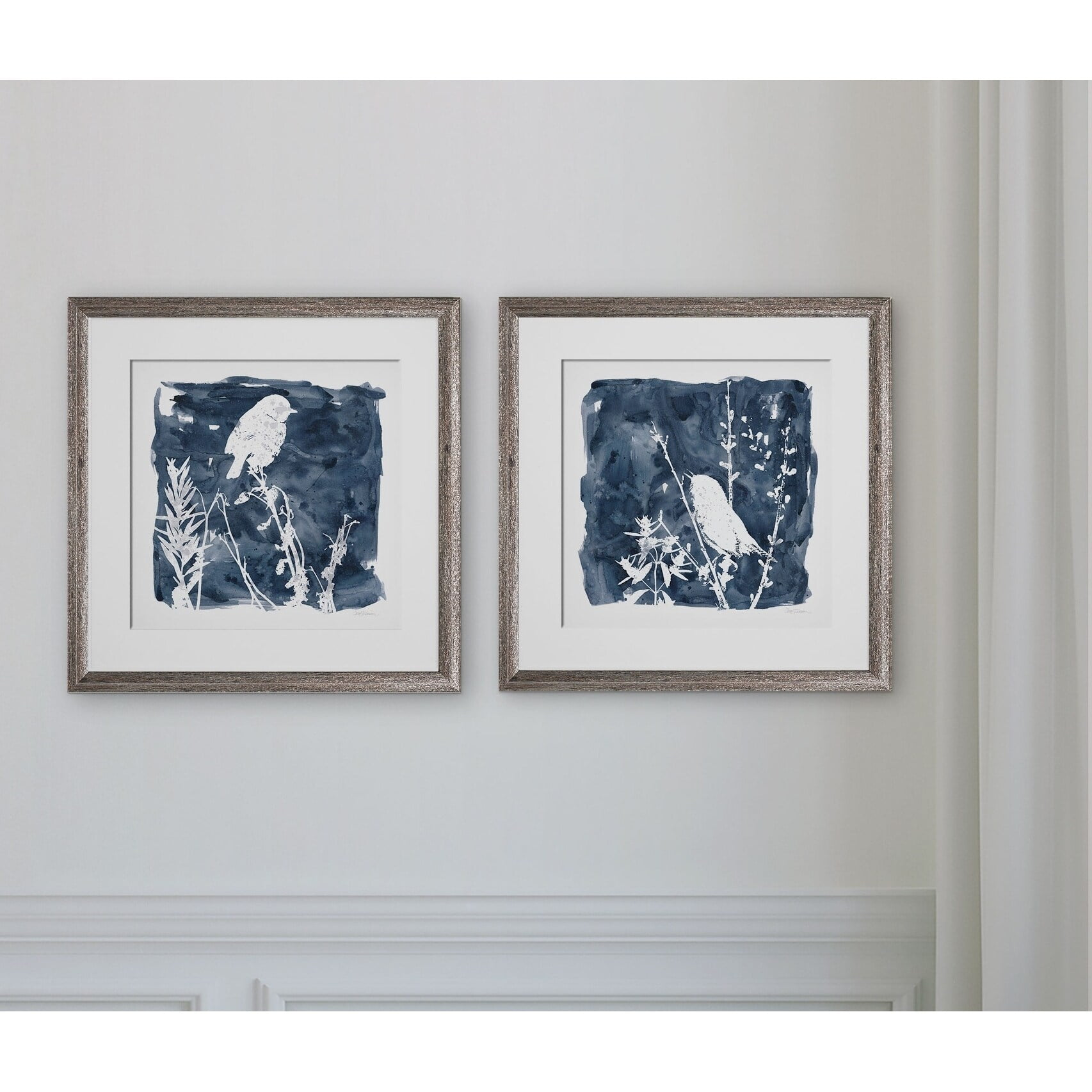 Indigo Bird Print Set with Silver Frames, 16x16