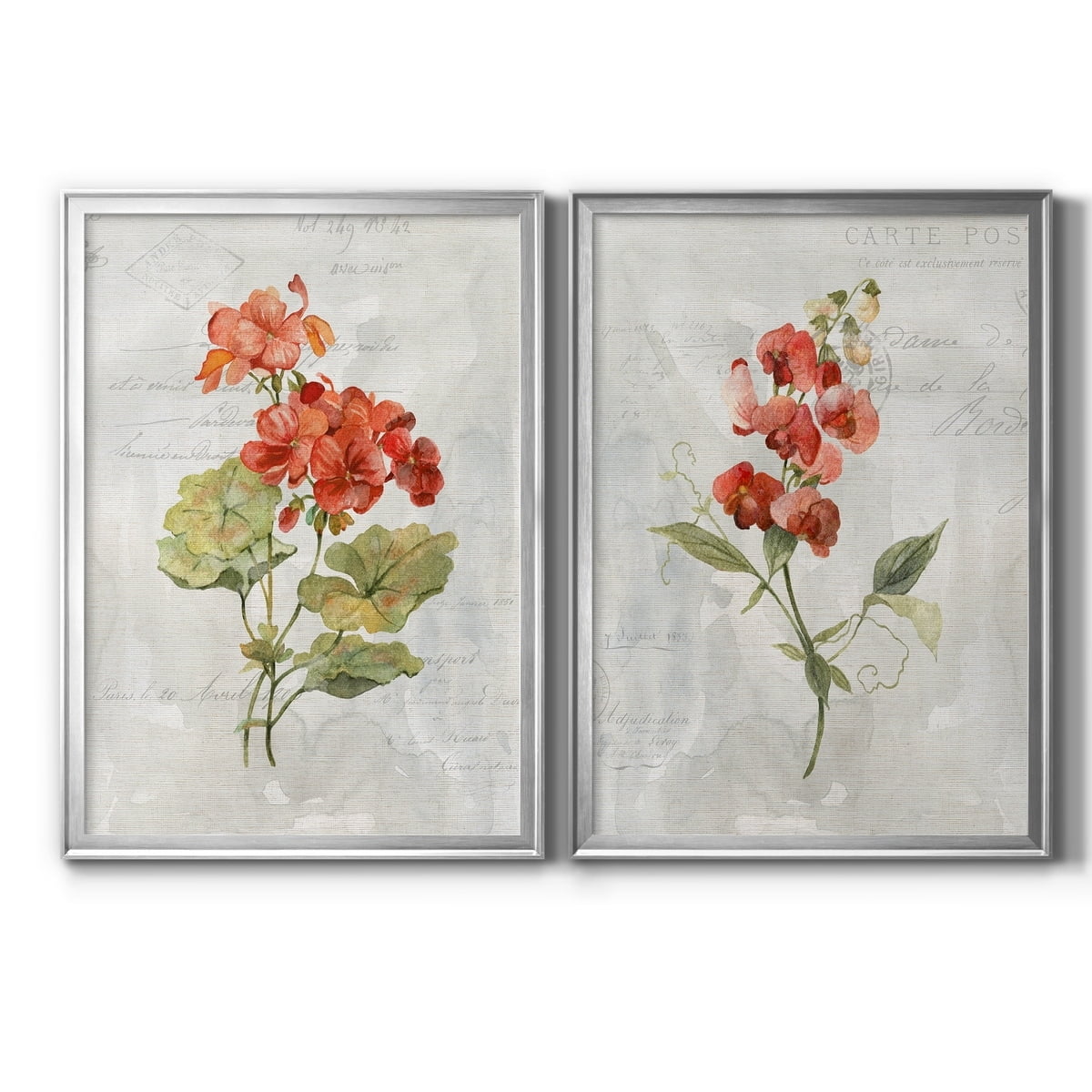 Linen Geranium Floral Print on Canvas with Silver Frame