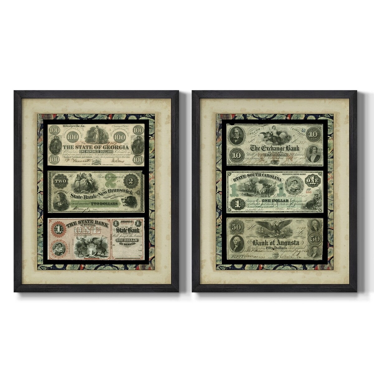 Vintage Currency Art Print Set with Black Wooden Frame