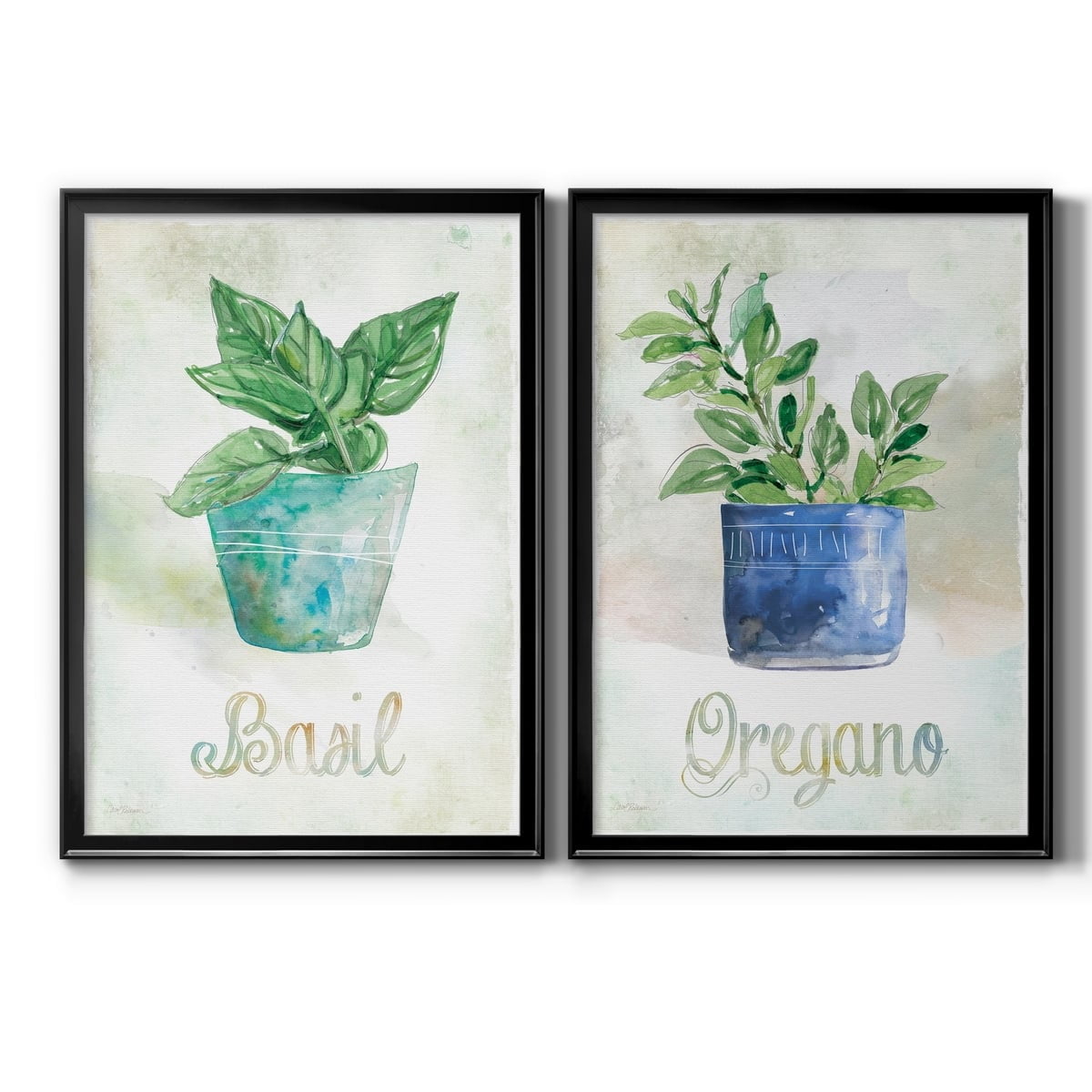 Basil and Oregano Herb Prints on Canvas with Black Frame