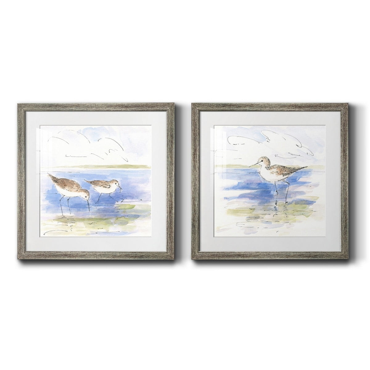 Sketchy Shore Birds Watercolor Print Set with Gray Wood Frame