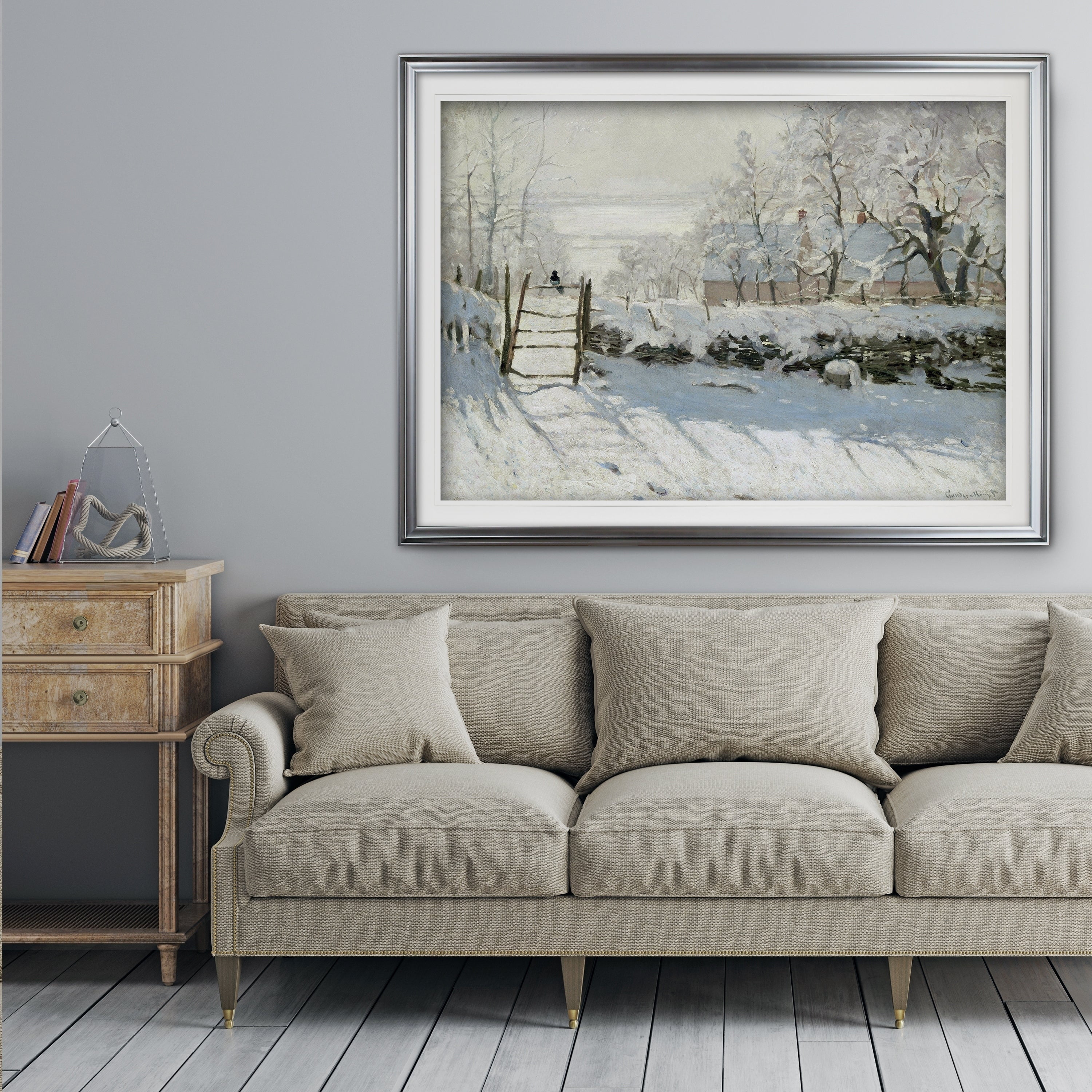Claude Monet Winter Scene Premium Framed Print in Silver, Oversized