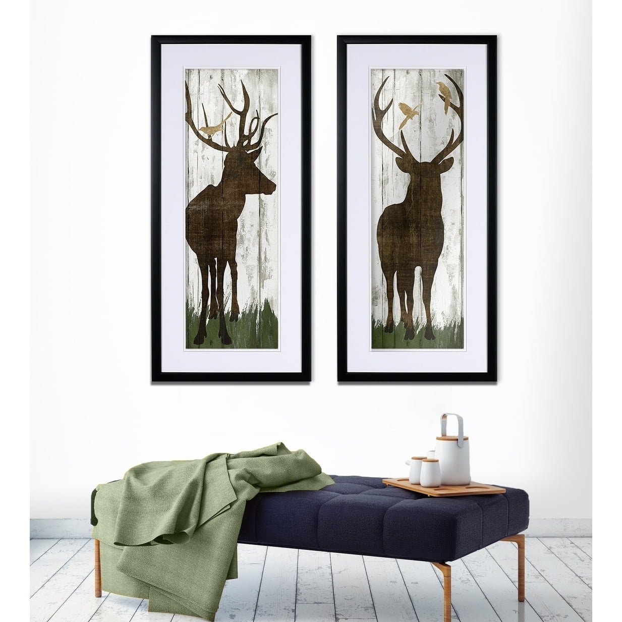 Weathered Woodland Deer Print Set with Black Frames