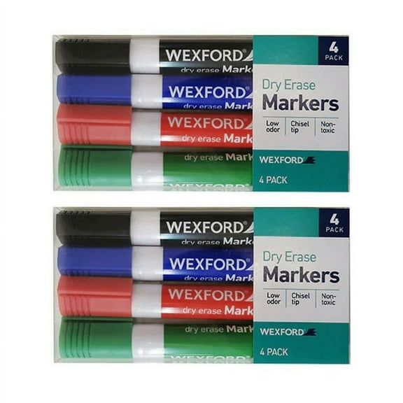 Wexford Low Odor Chisel Tip Dry Erase Markers 2 X 4 Multicolor Packs (Black, Red, Green, Blue)