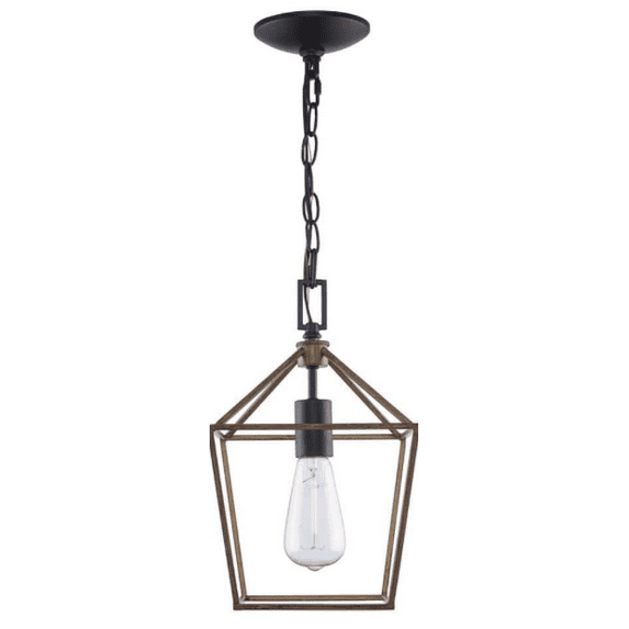 Weyburn 1-Light Black and Faux Wood Mini Light Fixture with Caged Metal Shade