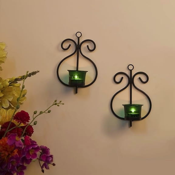 Wgloryind all Candle Sconce Set of 2 Wrought Iron Candle Holder Hanging Wall Mounted Candle Sconces for Living Room Home Decor, Black with Glass and Free T-light Candles (Green)