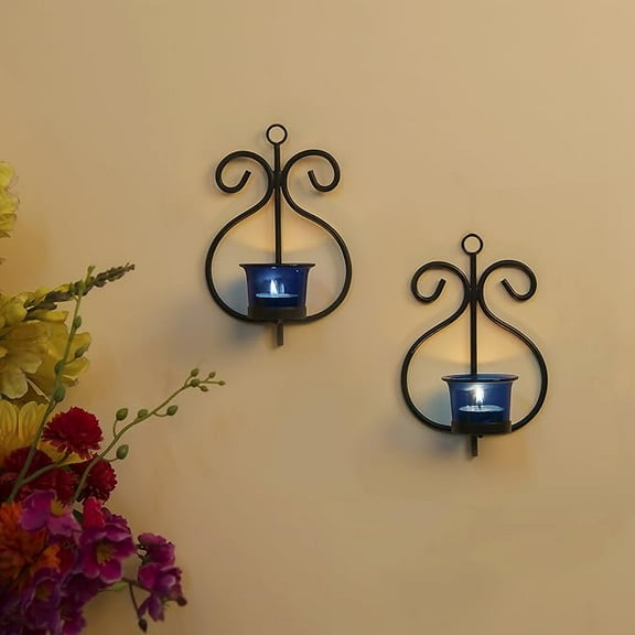 Wgloryind all Candle Sconce Set of 2 Wrought Iron Candle Holder Hanging Wall Mounted Candle Sconces for Living Room Home Decor, Black with Glass and Free T-light Candles (Blue)