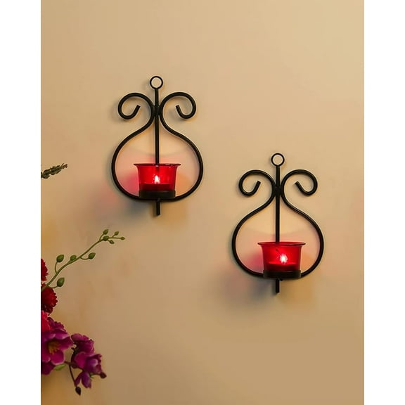Wgloryind all Candle Sconce Set of 2 Wrought Iron Candle Holder Hanging Wall Mounted Candle Sconces for Living Room Home Decor, Black with Glass and Free T-light Candles (Red)