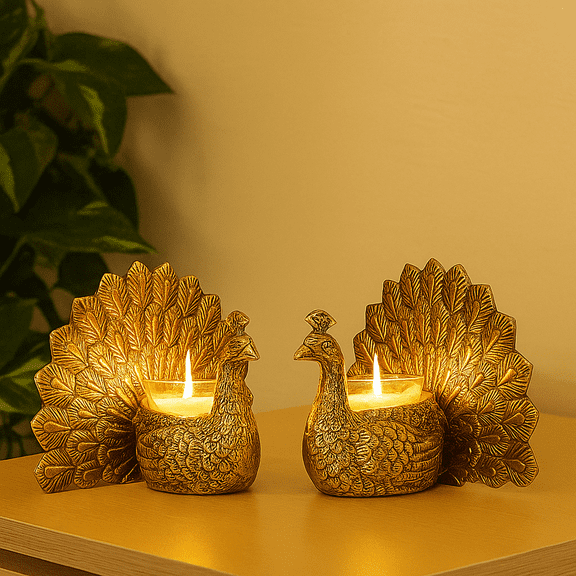 Wgloryind Golden Peacock Tealight Holder Set of 2 | Elegant Candle Stand for Home Dcor & Gifting