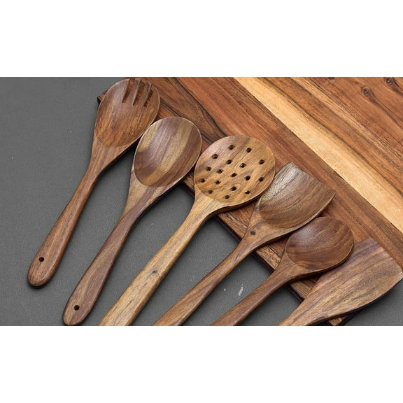 Wgloryind Handmade Wood Spoon Set of 7, Natural Wooden Spoons & Spatulas Combo for cooking, Non-Sticky Ladles for Frying/Flipping/Serving Food