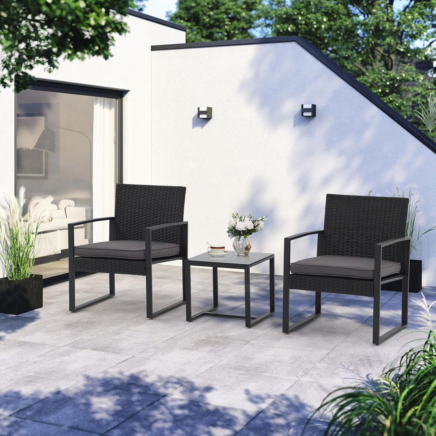 WgoodW 3 Pieces Patio Bistro Set, Wicker Outdoor Furniture Set, Modern ...