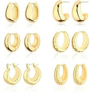 Wgoud 14K Gold Hoop Earrings for Women Hypoallergenic, 6 Pack Chunky Huggie Hoops Earring Set Lightweight.