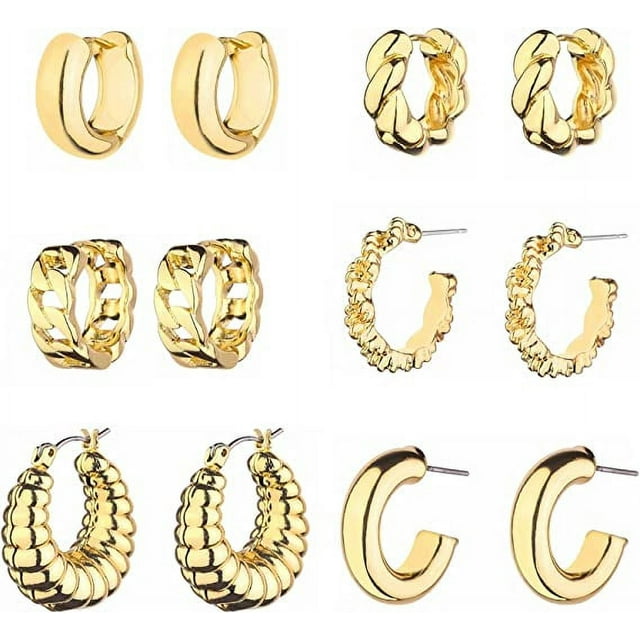 Wgoud 14K Gold Hoop Earrings for Women Hypoallergenic, 6 Pack Chunky
