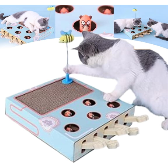 Whack A Mole 3-in-1 Solid Wood Cat Scratcher Box, Interactive Mice Game Device for Indoor Feline Boredom Relief, Multi-Cat Exercise (k)