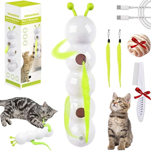 Whack a Worm Cat Toy, Caterpillar Cat Toy, Motion Activated Interactive Teaser with Suction Cup, USB Rechargeable Hunting Game for Indoor Cats Boredom Relief, with a Pet Comb and Chewing Ball