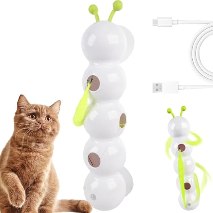 Whack a Worm Post Cat Toy – Caterpillar Smart Motion Interactive Cat Toy with Fluffy Teaser Tail, Automatic Motion-Activated Play, Strong Suction Cup, USB Rechargeable – Fun Indoor Toy for Cats