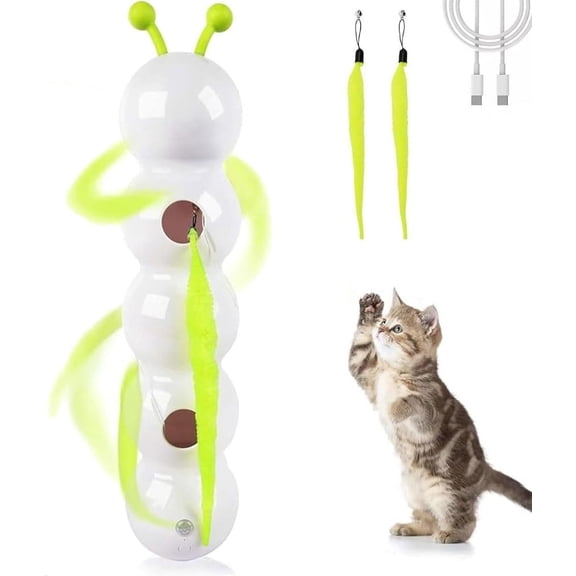 Whack a Worm Post Cat Toy, Whirly Smart Motion Cat Toy with Worm Design, Interactive Cat Feather Toy Automatic Fluffy Tail Teaser, USB Rechargeable, Suction Cup for Stable Play