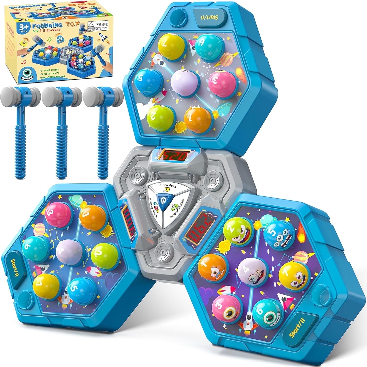 3-Player Whack Game Mole Toy , Early Learning Toy with Lights & Sounds, Interactive Pounding Hammer Toy with 3 Game Modes