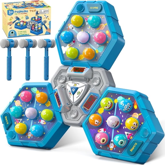 3-Player Whack Game Mole Toy , Early Learning Toy with Lights & Sounds, Interactive Pounding Hammer Toy with 3 Game Modes