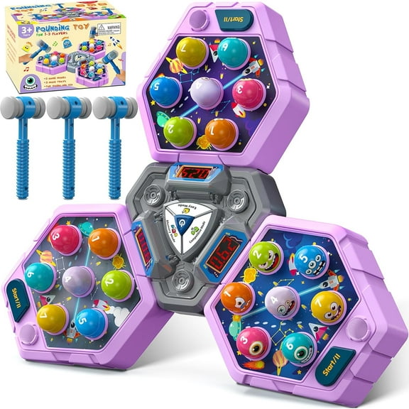 3-Player Whack Game Mole Toy , Early Learning Toy with Lights & Sounds, Interactive Pounding Hammer Toy with 3 Game Modes, Perfect for Families