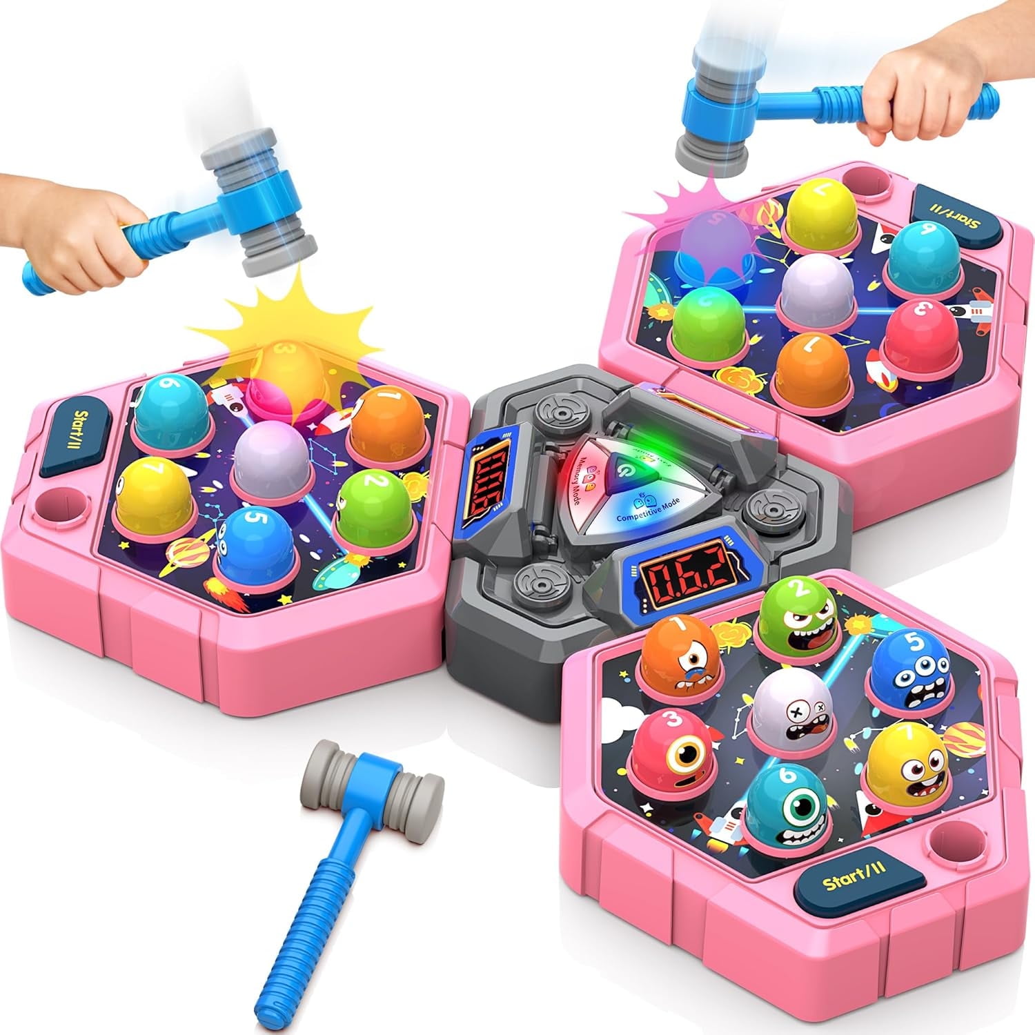 3-Player Whack Game Mole Toy for Ages 3+, Early Learning Toy with Lights & Sounds, Interactive Pounding Hammer Toy with 3 Game Modes, Perfect for Families