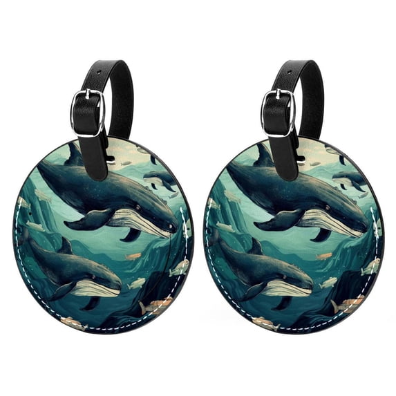 Whale 2pcs PU Leather Round Bag Tags Suitcase Handbag Tags with Privacy Cover and Name ID Tag for Travel Luggage, Handbags, Backpacks, School Bags