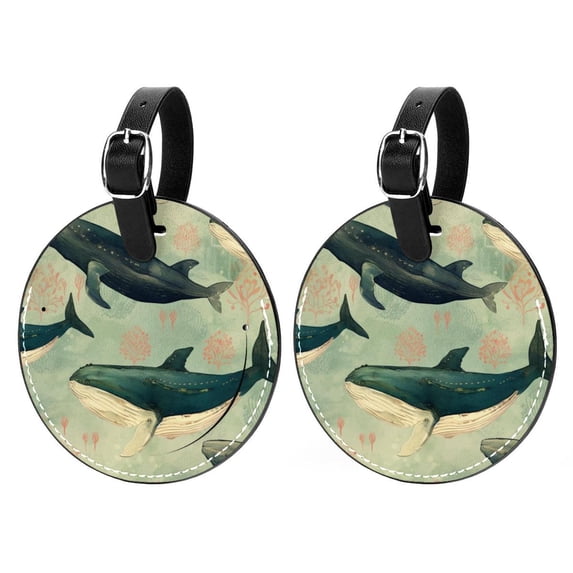 Whale 2pcs PU Leather Round Bag Tags with Privacy Cover and Name ID Tag - Suitcase Tags for Travel Luggage, Handbags, Backpacks, School Bags