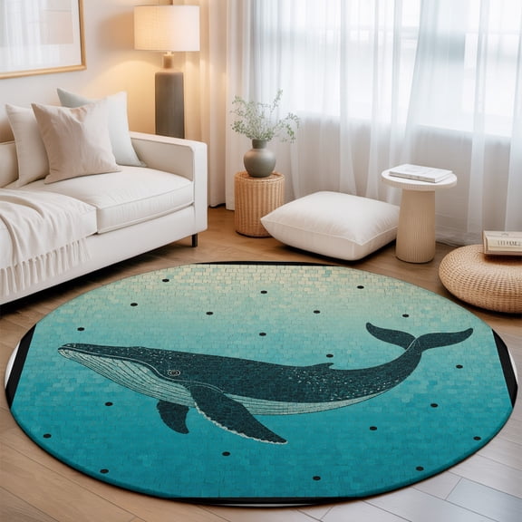 Whale 3' Round Rug for Bathroom Accent Bedside Corner, Coastal Nautical Sea Black White Marine Animal Teal Ocean Washable Non Slip Soft Circle Area Rug for Small Spaces Entryway