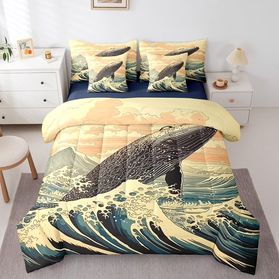 Whale 7 Pcs Comforter Set Twin Size,Ocean Bedding,Retro Japanese Style Sea Waves Sheet Set Bed In A Bag Cartoon Vintage Navy Blue Marine Life Bed Set