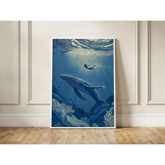 Whale And Swimmer Underwater Art Deep Blue Ocean Coastal Wall Decor, Unframed Paper Print