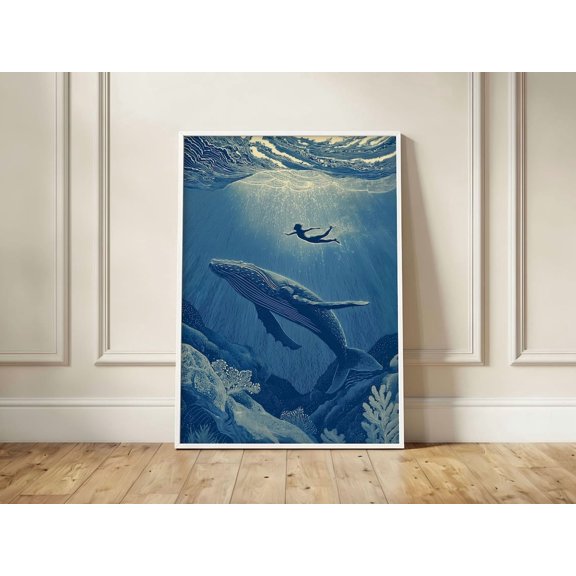 Whale And Swimmer Underwater Art Deep Blue Ocean Coastal Wall Decor, Unframed Paper Print