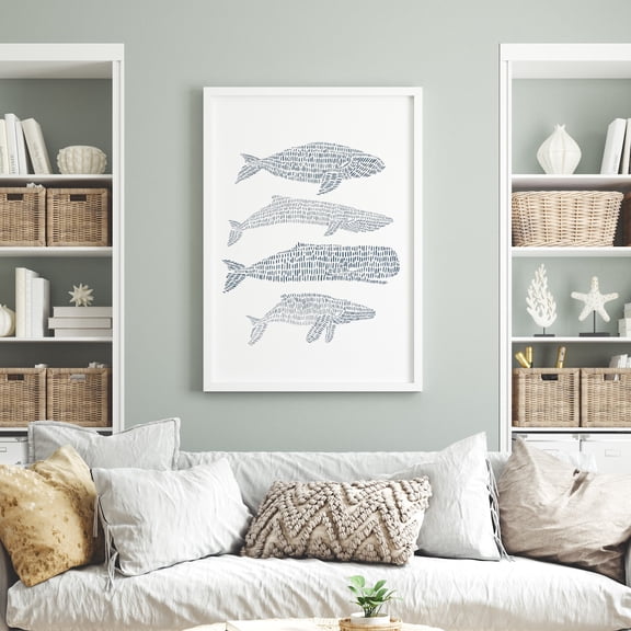Whale Art Modern Coastal Sea Life Art For Beach House Or Nursery Decor "Nautical Whale Group Illustration" Art Or Art, Unframed Paper Print