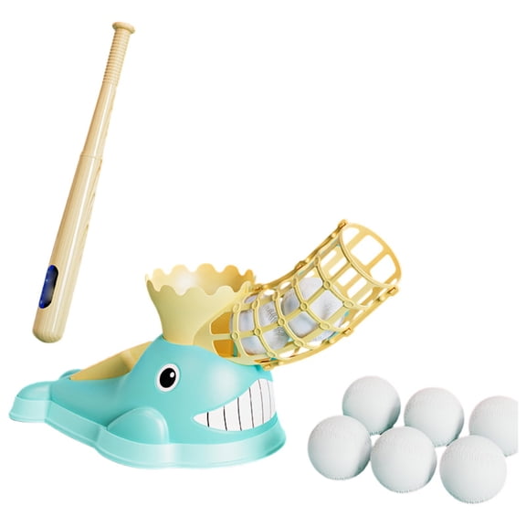 Whale Baseball Pitching Machine Set with Bat and Balls, Plastic Automatic Ball Launcher for Outdoor Backyard Sports Practice
